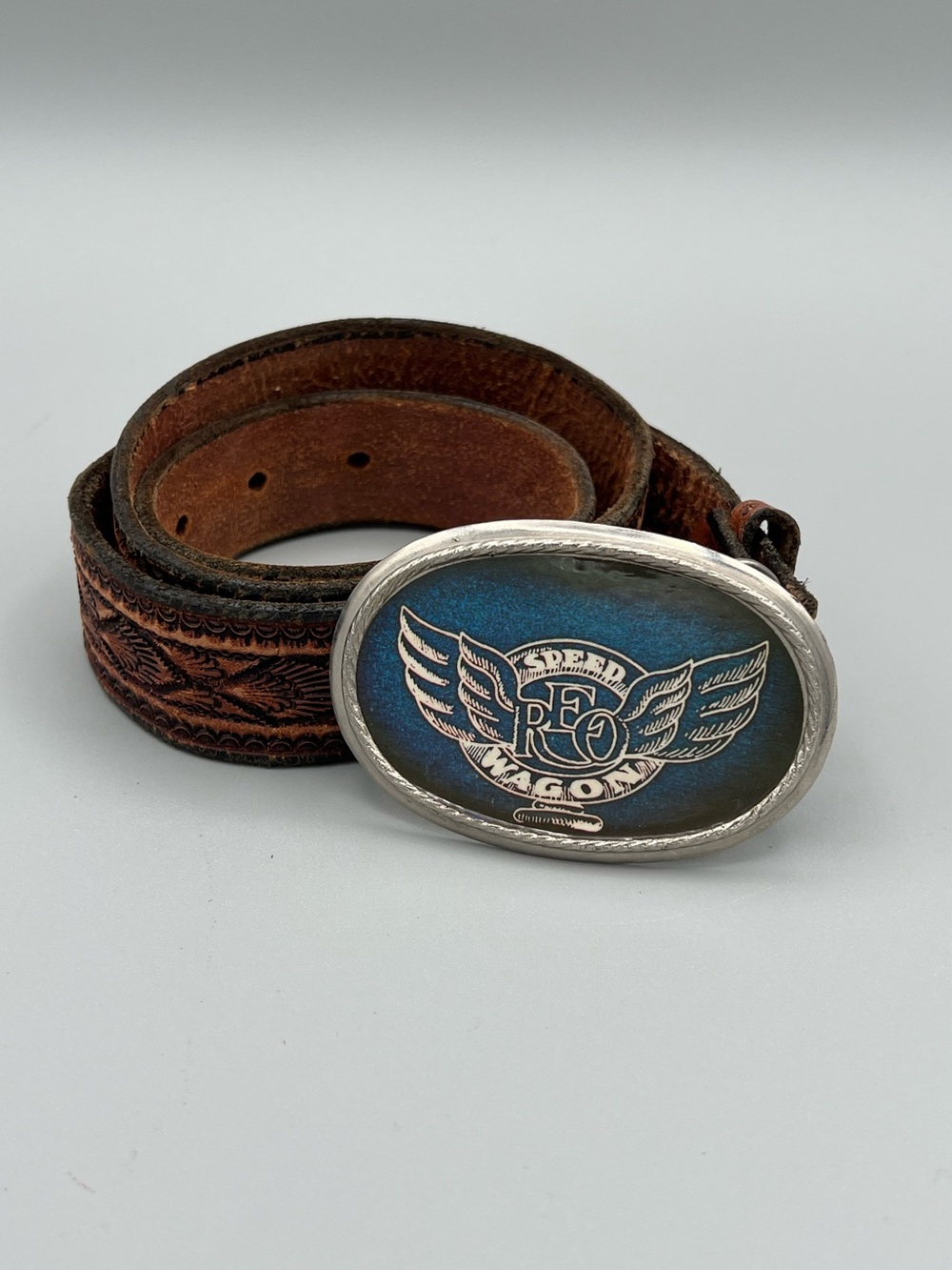 REO Winged Emblem Leather Belt - Brown with Blue Buckle